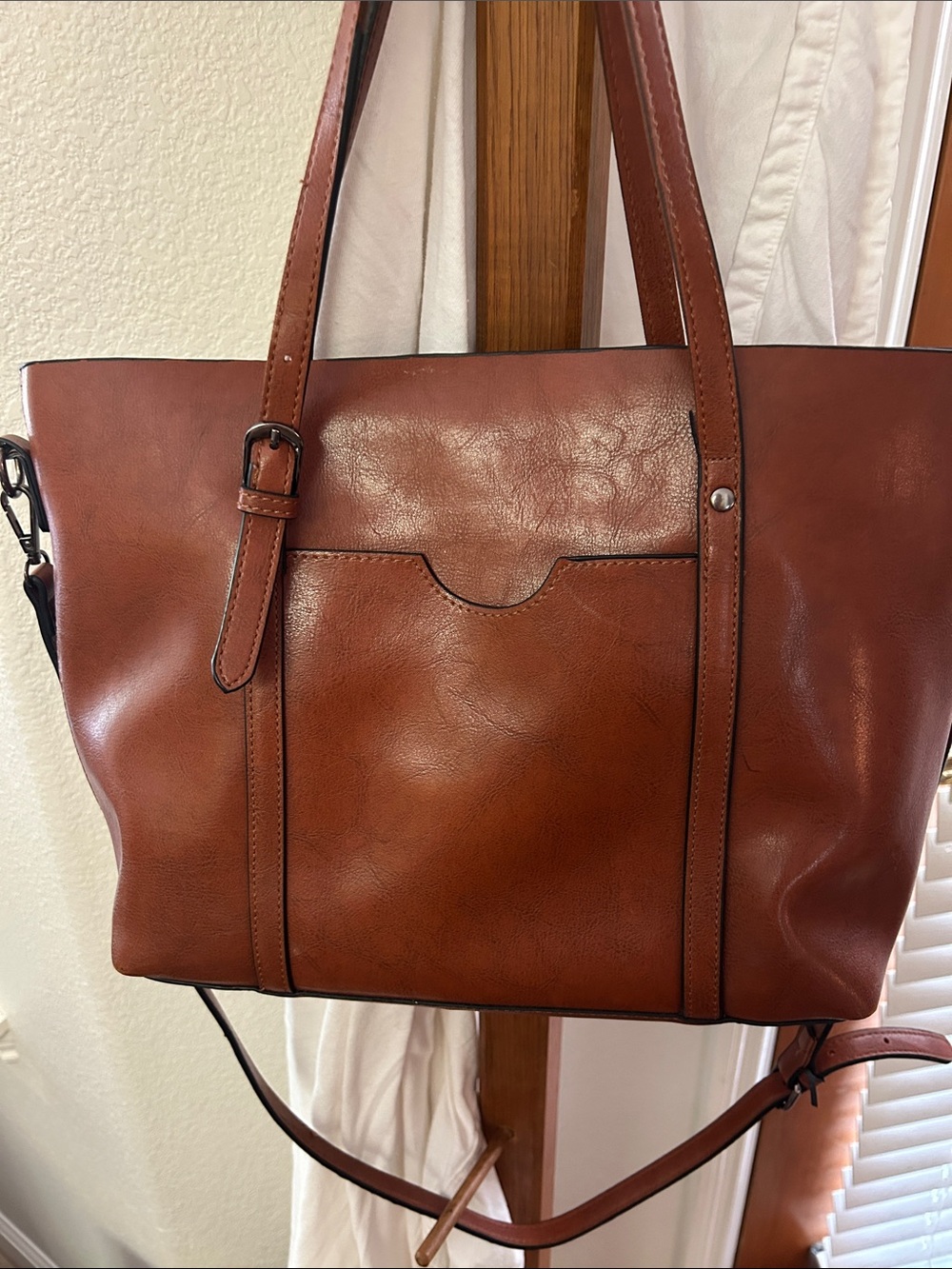 Leather Saddle Brown Tote with Front Pocket